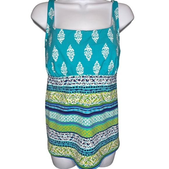 Lands' End Other - LANDS' END Teal Paisley Striped Tankini Top Sz 16 Underwire Bra Modest Swimwear